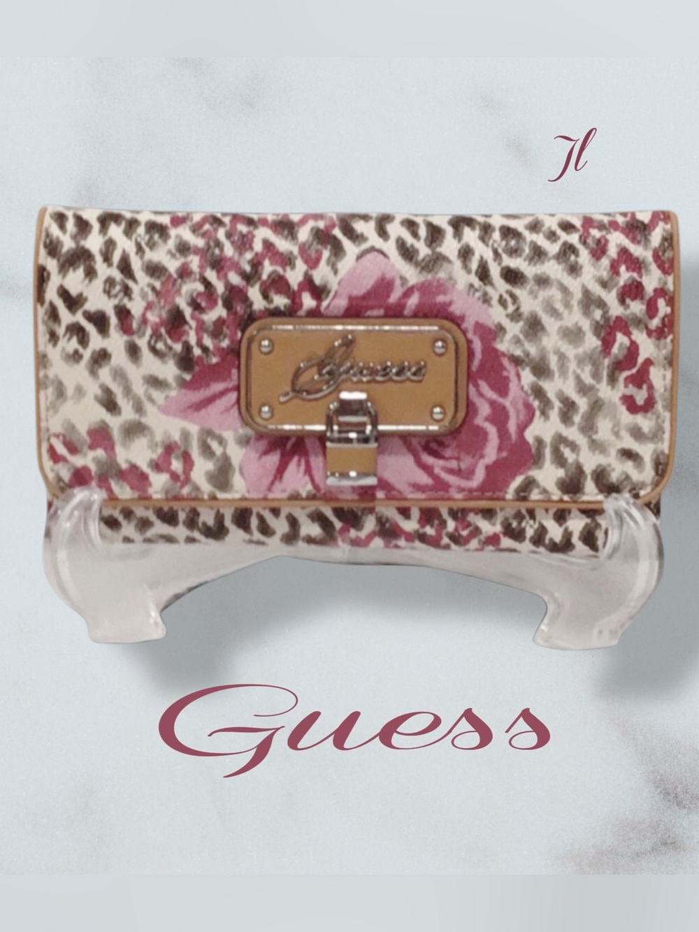 NWT GUESS Estara Rose Animal Print Front Flap Long Wallet w Decorative Tiny Lock